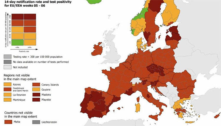 χάρτες του ECDC που αποτυπώνουν την επιδημιολογική εικόνα στα κράτη μέλη της ΕΕ