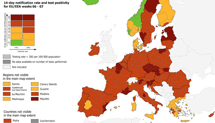 O χάρτης από το Ευρωπαϊκό Κέντρο Πρόληψης και Ελέγχου Νοσημάτων (ECDC)