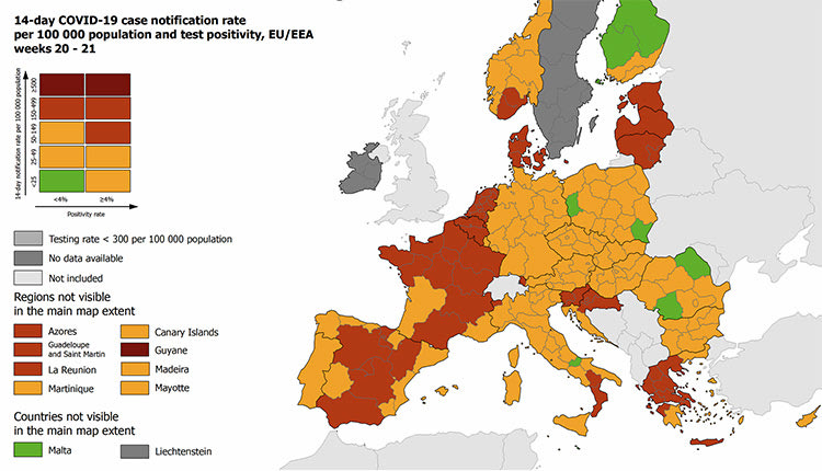 Χάρτης με την εβδομαδιαία έκθεση του Ευρωπαϊκού Κέντρου Πρόληψης και Ελέγχου Νόσων εβδ. 20-21