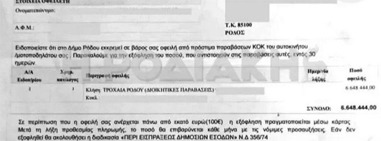 Εγκεφαλικό επεισόδιο κόντεψε να πάθει μια γυναίκα από τη Ρόδο, όταν άνοιξε ειδοποιητήριο του δήμου και αντί για πρόστιμο εκατό ευρώ είδε ότι καλείται να πληρώσει για την κλήση που δέχθηκε 6.648.444 ευρώ!