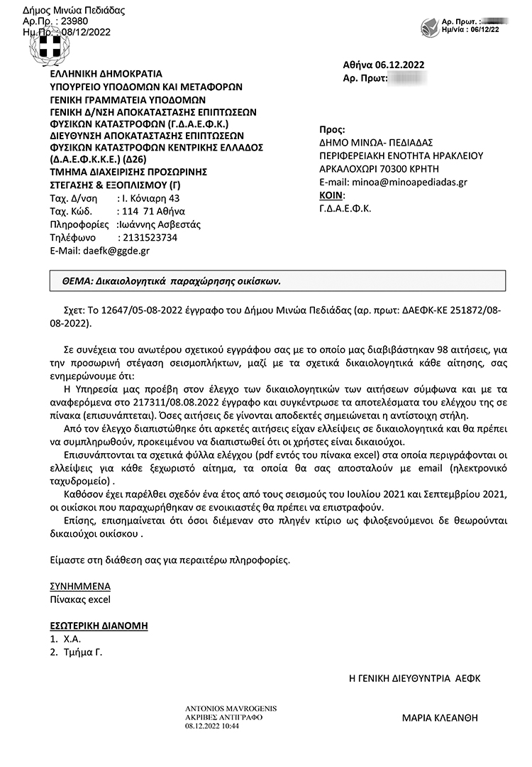 Το έγγραφο της Γ.Γ. του υπουργείου Υποδομών που από τις 6-12-22 ζητά από το Δήμο να απομακρύνει από τους οικίσκους όσους δεν είναι ιδιοκτήτες αλλά ενοικιαστές σπιτιών